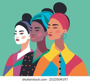 Women's day. Abstract women of different nationality, skin, appearance and culture stand together, banner for advertisement, website. Concept of movement for gender equality and women empowerment