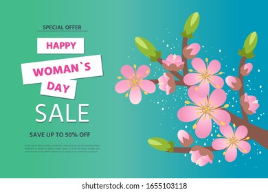 Women's day. Advertise. 8 march. Background  with cherry branch. Spring Holiday Sale gift card coupon. Vector illustration for postcards,posters, coupons, promotional material