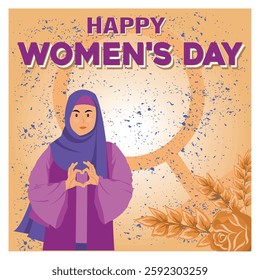 Women's Day appreciation, featuring a woman in headscarf symbolizing love and empowerment, alongside festive decor and a warm atmosphere. Flat vector modern illustration 