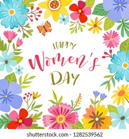 Women's day background with beautiful floral frame. Perfect for background design and greeting cards. Vector illustration in flat style.