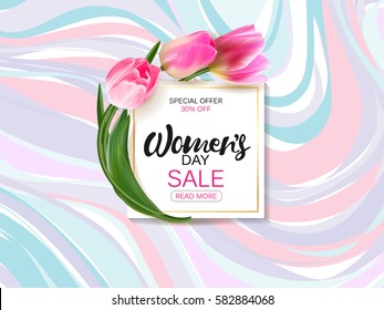 Womens day background with beautiful tulip flowers. Vector illustration template, card, banners, wallpaper, flyers, invitation, posters, brochure, voucher discount.