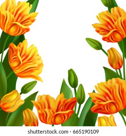 Women's Day. Background Beautiful Yellow Tulip Flowers. Lettering. Card. Banners. Flayers, Invitation, Posters, Brochure, Discount. Trendy Design Template. Bouquet. Vector illustration. Springtime