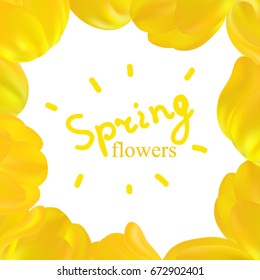 Women's Day. Background Beautiful Yellow Tulip Flowers. Lettering. Card. Banners. Flayers, Invitation, Posters, Brochure, Discount. Trendy Design Template. Bouquet. Vector illustration. Springtime