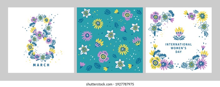 Womens Day background for card. Set for March 8. International women's day of rights and femininity day. Square card, frame, seamless pattern with spring flowers for woman. Women's day. Eight. Vector.