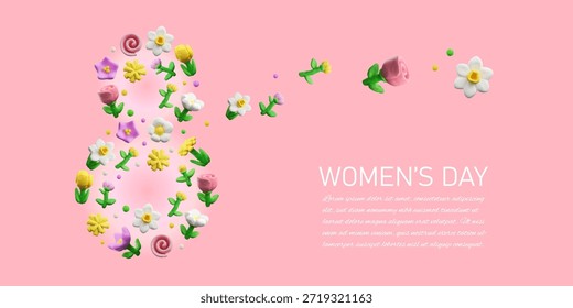 Dia das mulheres. Flor decorativa número 8 março com flores de flor de primavera. Design de banner 3D. Plano de fundo cor-de-rosa de ilustração vetorial. Feliz feriado Dia Internacional da Mulher cartão de saudação