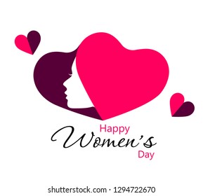 Women's Day background design. Concept design with heart and face for happy women's day. Vector graphic illustration, isolated on white background.