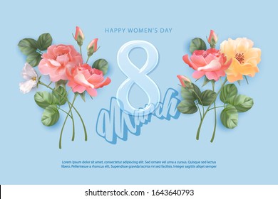 Women's Day background with flowers. 8 March. Transparent number 8 and beautiful roses