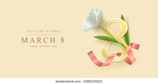 Women's Day background with flowers. 8 March. Transparent number 8 and beautiful tulips