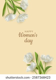 Women's Day background with flowers. 8 March composition with beautiful white tulips