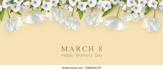 Women's Day background with flowers. 8 March banner with white spring flowers and beautiful tulips