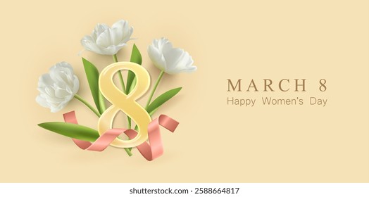 Women's Day background with flowers. 8 March. Transparent number 8 and beautiful tulips