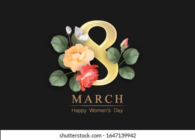 Women's Day background with flowers on a black background. Retro card. 8 March. Number 8 and beautiful roses