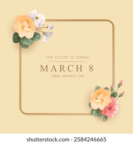 Women's Day Background with gold frame and beautiful roses