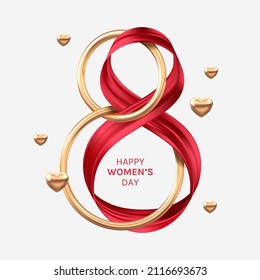 Women's Day background. Golden rings and hearts with elegant ribbon composition. Vector illustration. 