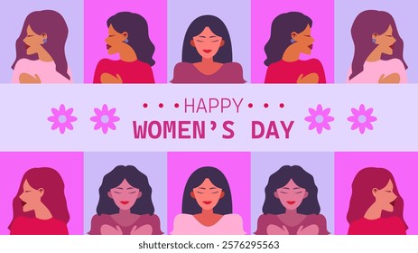 Women's day background for greeting, gift card and poster. Womens day digital banner, march 8. Women illustration vector.