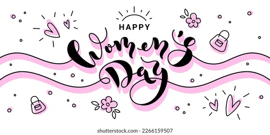 Womens Day background with hearts, bags, flowers, leaves. Isolated girlish sketched elements and lettering for Woman day banner in pink and black colors. Vector illustration.