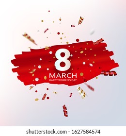 Women's day background with illustration number 8 colored gold on a red background. Vector.