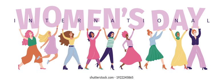 Womens day background. IWD - International  women's rights Day and femininity. 8 March. Different nationalities. Background for card, poster, banner. Minimal trendy woman. Multicultural girls.