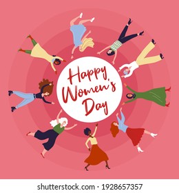 Womens day background. IWD - International  women's rights Day and femininity. 8 March. Different nationalities. Background for card, poster, banner. Minimal trendy woman. Multicultural girls.