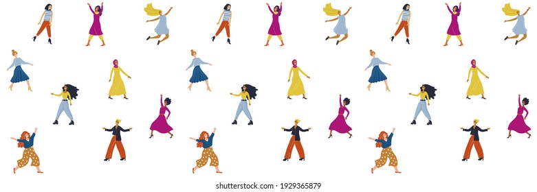 Womens day background. IWD - International  women's rights Day. 8 March. Different nationalities. Seamless pattern for fabric, textile, cover, paper, banner. Minimal trendy style. Multicultural girls.