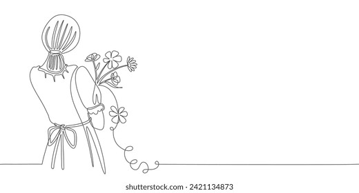 Womens day background. Line art vector illustration of a woman with a bouquet of flowers