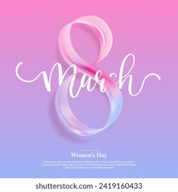 Women's Day background with number 8 made of  colorful ribbon. Vector illustration.