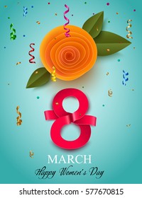 Women's day background with paper flower. 8 march vector illustration.