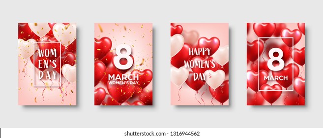 Women's day background with red balloons, heart shape.Confetti and ribbon. Love symbol. March 8. I love you. Vector illustration