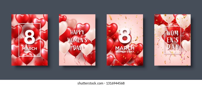 Women's day background with red balloons, heart shape.Confetti and ribbon. Love symbol. March 8. I love you. Vector illustration