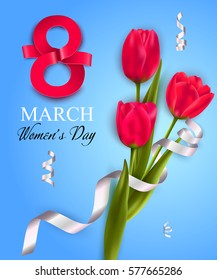 Women's day background with red tulips. 8 march vector illustration.