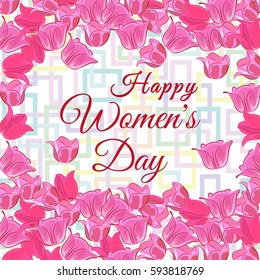 Women's Day background with tulips pattern. Vector illustration. Wallpaper, flyers, invitation, posters, brochure, banners. Vector EPS 10
