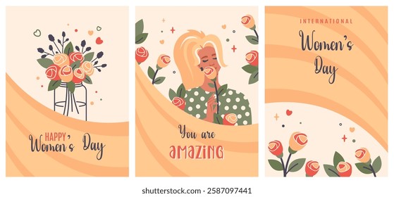 Women's Day backgrounds. International women day posters set. Blonde girl holding rose. Bouquet of roses in vase. Modern posters for spring holiday. Vector cartoon flat  illustration