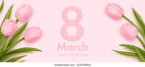 Women's day banner. 8 march holiday background with realistic tulips. Vector illustration for poster, brochures, booklets, promotional materials, website