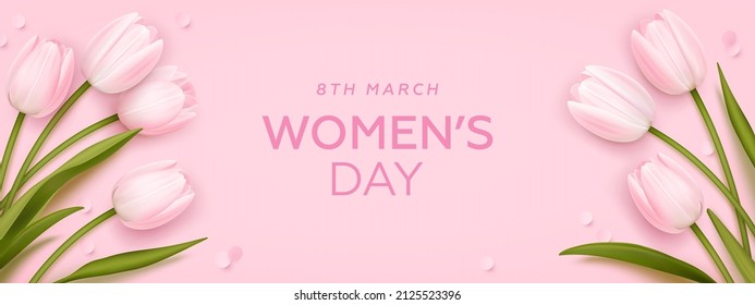 Women's day banner. 8 march holiday background with realistic tulips. Vector illustration for poster, brochures, booklets, promotional materials, website, wallpaper