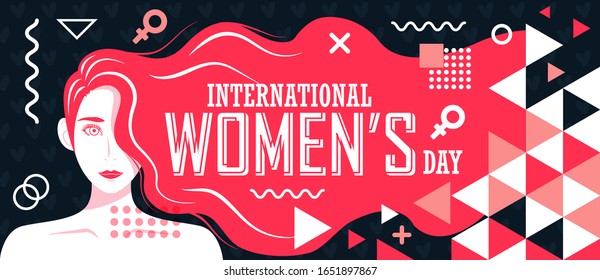 Women's day banner with creative modern retro style design background. Geometric shapes and pink theme to support women empowerment, equal rights. Happy International womens day concept for awareness.