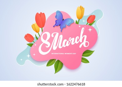 Women's day banner design. 8 march lettering on a pink background surrounded by tulips and spring green leaves. Creative greeting card in paper cut style. Vector illustration