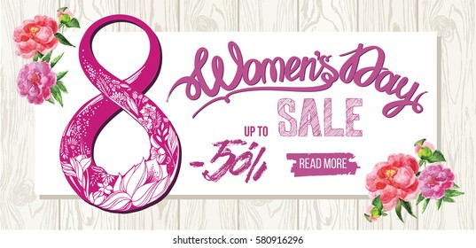 Women's day banner design with hand drawn flowers peonies. 8 march flyer template with lettering on wooden background. Vector illustration with Place for your text message.