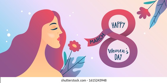 Women's day banner design with young woman and flowers. March 8 flyer template. Vector illustration