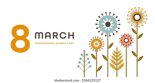 Women's Day banner with geometric spring flowers. A colorful poster for International Women's Day. The poster features a variety of flowers and the number 8.