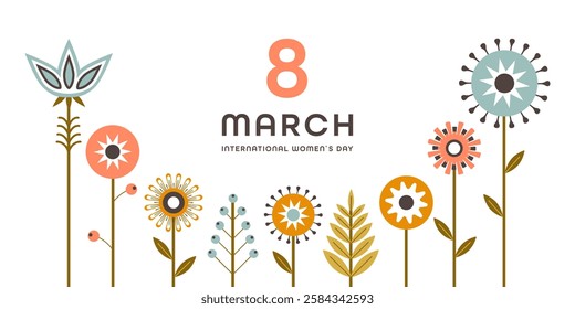 Women's Day banner with geometric spring flowers. A colorful poster for International Women's Day. The poster features a variety of flowers and the number 8.