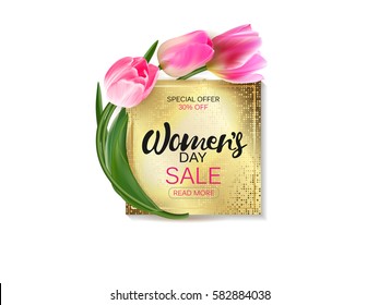 Womens day banner. Golden plate with lettering. Vector illustration template, card, banners, wallpaper, flyers, invitation, posters, brochure, voucher discount.