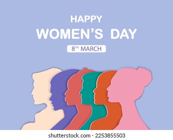 Women's Day banner or greeting card with womens faces .Mothers Day. Greeting card for 8 March.For brochures, postcards, tickets, banners.Womens History Month.