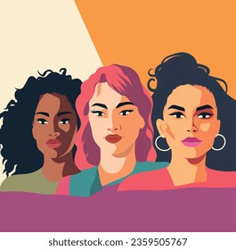 Women's Day banner. A group of beautiful women with different beauty, skin color. The concept of woman, femininity, independence and equality. Vector illustration