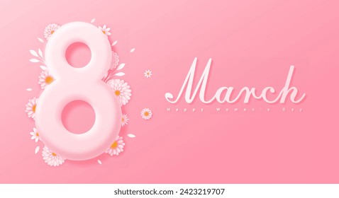 Womens day banner. International holiday and festival of 8 march. Feminism and equality. Love and care. Greeting and invtation postcard. Cartoon flat vector illustration isolated on pink background