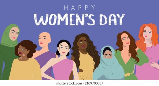Women's day banner. Multiethnic group of women