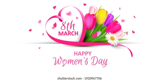 Women's day banner - Paper slit with colorful tulips, heartshaped ribbon and heart confetti