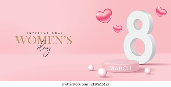 Women's day banner for product demonstration. Pink pedestal or podium with number 8 and hearts on pink background. - Shutterstock ID 2120616122