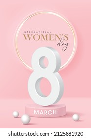 Women's day banner for product demonstration. Pink pedestal or podium with number 8 on pink background.