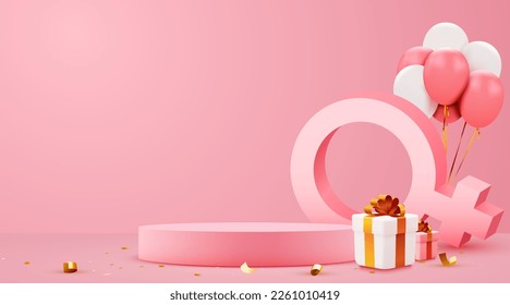 Women's day banner for product demonstration. Pink pedestal or podium with women symbol on pink background. Vector illustration