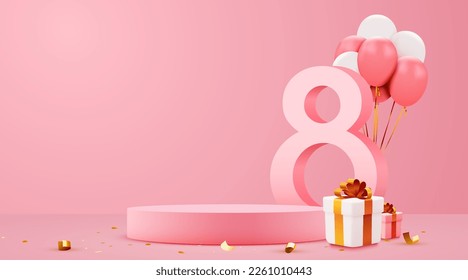 Women's day banner for product demonstration. Pink pedestal or podium with number 8 with balloons on pink background. Vector illustration